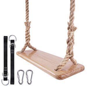 leofit Hanging Wooden Tree Swing 16 x 6.3 Adjustable 80 Inch Rope 40 Inch Connecting Strap Accessories for Backyard, Playground, Porch, Patio, Garden, Park, Home