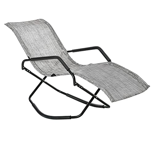 Outsunny Outdoor Folding Rocking Chair, Foldable Chaise Lounge Pool Chair with Armrests for Sun Tanning, Sunbathing, Rocker for Patio, Lawn, Beach, Gray