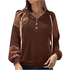 Women's Fashion Sweatshirt Classic Solid Color Long Sleeve V Neck Button Down Drawstring Pocket Workout Hoodies Blouse Coffee