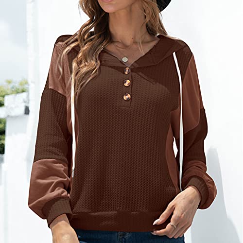 Women's Fashion Sweatshirt Classic Solid Color Long Sleeve V Neck Button Down Drawstring Pocket Workout Hoodies Blouse Coffee