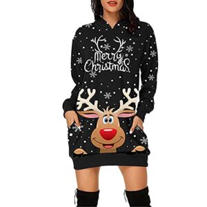 Wirziis Christmas Graphic Sweaters Dresses For Women 2021 Long Sleeve Hooded Drawstring Sweatshirt Lightweight Fall Dress