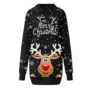 Wirziis Christmas Graphic Sweaters Dresses For Women 2021 Long Sleeve Hooded Drawstring Sweatshirt Lightweight Fall Dress