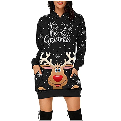 Wirziis Christmas Graphic Sweaters Dresses For Women 2021 Long Sleeve Hooded Drawstring Sweatshirt Lightweight Fall Dress