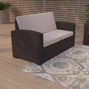 merrick lane malmok outdoor furniture resin loveseat chocolate brown faux rattan wicker pattern 2-seat loveseat with all-weather beige cushions