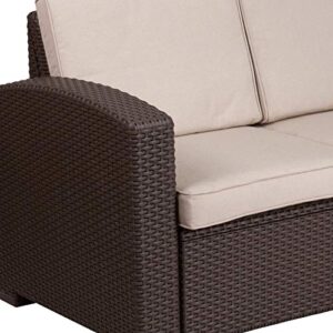 Merrick Lane Malmok Outdoor Furniture Resin Loveseat Chocolate Brown Faux Rattan Wicker Pattern 2-Seat Loveseat with All-Weather Beige Cushions