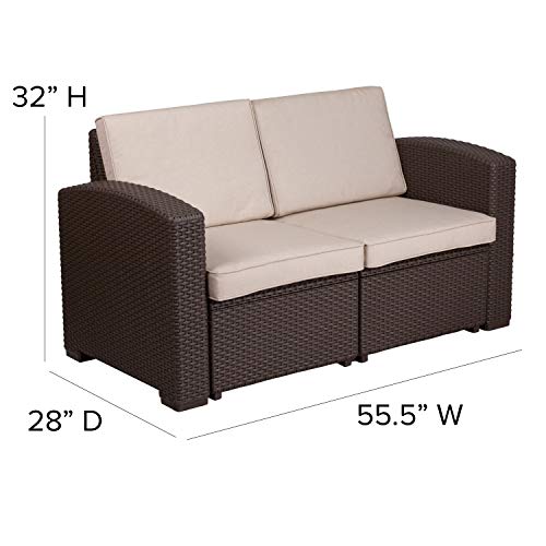 Merrick Lane Malmok Outdoor Furniture Resin Loveseat Chocolate Brown Faux Rattan Wicker Pattern 2-Seat Loveseat with All-Weather Beige Cushions