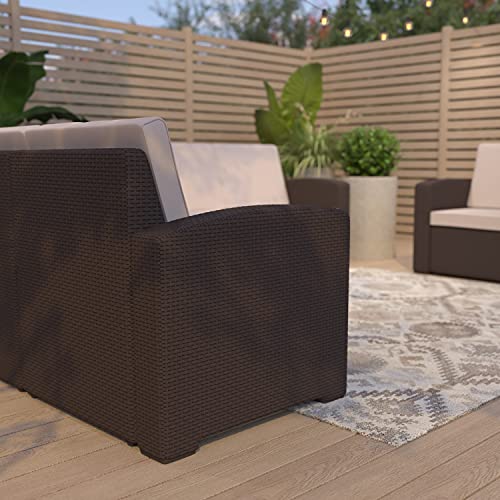 Merrick Lane Malmok Outdoor Furniture Resin Loveseat Chocolate Brown Faux Rattan Wicker Pattern 2-Seat Loveseat with All-Weather Beige Cushions