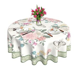 round tablecloth 60 inch, spring floral butterfly green white table cloth for rustic farmhouse kitchen decor, waterproof wipeable polyester fabric table cover for holiday party outdoor camping picnic