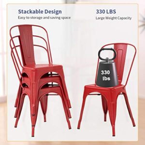 Metal Dining Chairs Set of 4 Stackable Metal Chairs Room Chair Vintage Patio Chair with Back 18 Inches Seat Height Kitchen Chair Tolix Restaurant Chairs (Red)