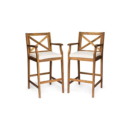 Christopher Knight Home Logan Outdoor Acacia Wood Barstool, Teak Finish/Cream