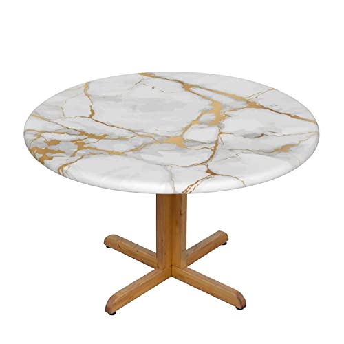 White and Gold Marble Tablecloth with Elastic Edge Fitted Table Cloth Waterproof Polyester Round Table Cover for Kitchen Indoor Dining Party Outdoor Patio Fit Table 45-50 inch