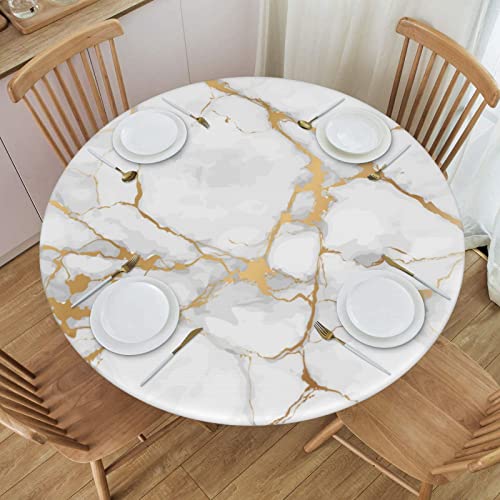 White and Gold Marble Tablecloth with Elastic Edge Fitted Table Cloth Waterproof Polyester Round Table Cover for Kitchen Indoor Dining Party Outdoor Patio Fit Table 45-50 inch