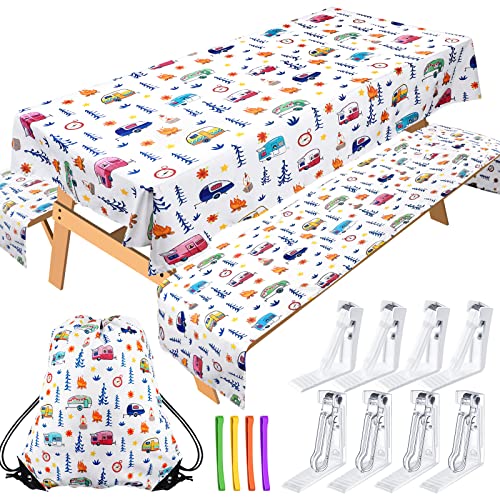 Camping Tablecloth with Picnic Bench Covers, Picnic Table Cover Fits 4ft to 7ft Picnic Tables, Washable Reusable Polyester Table Cloth for Camping Table Included Storage Bag and Clip (Cute Style)