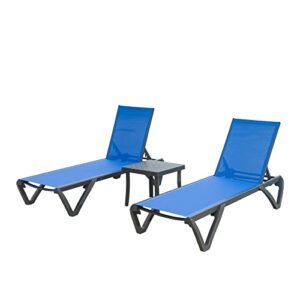 domi patio chaise lounge set of 3,pool lounge chairs outdoor aluminum sling sunbathing tanning chairs outside five-position recliner (2 blue lounges w/side table)