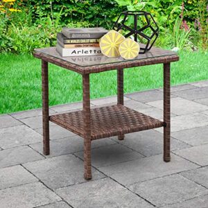 valita outdoor pe wicker side table glass top garden poolside small patio rattan furniture square end table, brown