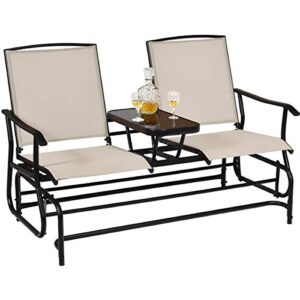 s afstar patio glider bench, 2-person outdoor glider chair with center table, double rocking chair loveseat for patio backyard poolside lawn (beige)