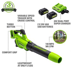 Greenworks 48V (2 x 24V) Brushless Cordless Axial Blower (140 MPH / 585 CFM), (2) 4.0Ah USB Batteries (USB Hub) and Dual Port Rapid Charger Included)