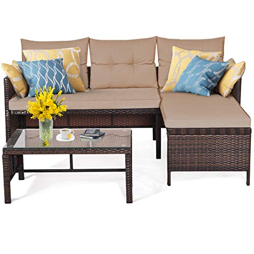 Tangkula Patio Corner Sofa Set 3 Piece, Outdoor Rattan Sofa Set, Includes Lounge Chaise, Loveseat & Coffee Table, Patio Garden Poolside Lawn Backyard Furniture