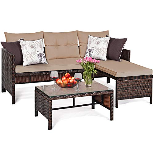 Tangkula Patio Corner Sofa Set 3 Piece, Outdoor Rattan Sofa Set, Includes Lounge Chaise, Loveseat & Coffee Table, Patio Garden Poolside Lawn Backyard Furniture