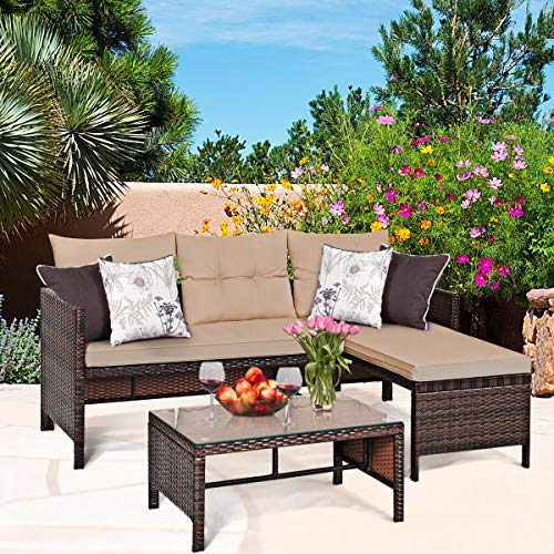 Tangkula Patio Corner Sofa Set 3 Piece, Outdoor Rattan Sofa Set, Includes Lounge Chaise, Loveseat & Coffee Table, Patio Garden Poolside Lawn Backyard Furniture