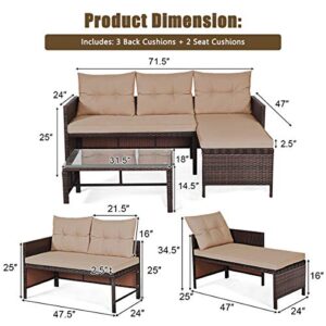 Tangkula Patio Corner Sofa Set 3 Piece, Outdoor Rattan Sofa Set, Includes Lounge Chaise, Loveseat & Coffee Table, Patio Garden Poolside Lawn Backyard Furniture