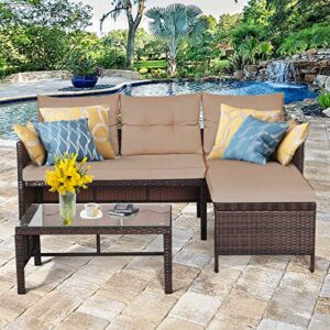 Tangkula Patio Corner Sofa Set 3 Piece, Outdoor Rattan Sofa Set, Includes Lounge Chaise, Loveseat & Coffee Table, Patio Garden Poolside Lawn Backyard Furniture