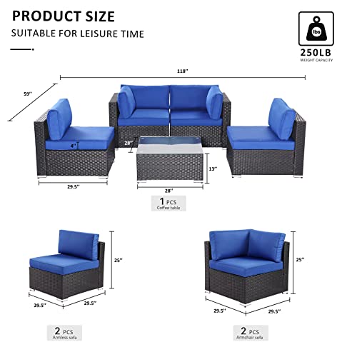 SUNVIVI OUTDOOR 5 Piece Patio Furniture Sets, All-Weather Black Wicker Rattan Outdoor Sectional Couch Sofa with Coffee Table & Washable Removable Navy Blue Cushions