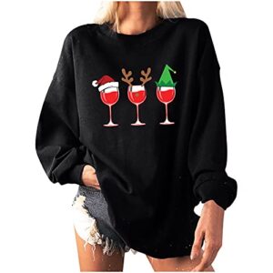 christmas women’s gifts,pullover o-neck winter fleece tops festival printed long sleeve blouse ladies oversized sweatshirts black
