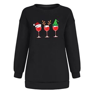 Christmas women's gifts,Pullover O-Neck Winter Fleece Tops Festival Printed Long Sleeve Blouse Ladies Oversized Sweatshirts Black