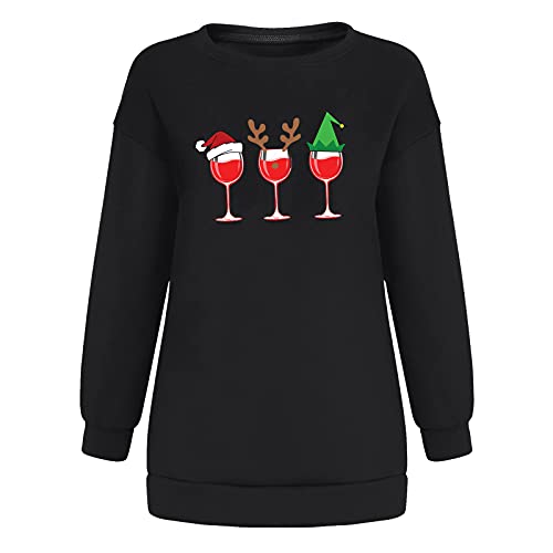 Christmas women's gifts,Pullover O-Neck Winter Fleece Tops Festival Printed Long Sleeve Blouse Ladies Oversized Sweatshirts Black