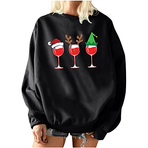 Christmas women's gifts,Pullover O-Neck Winter Fleece Tops Festival Printed Long Sleeve Blouse Ladies Oversized Sweatshirts Black