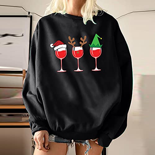 Christmas women's gifts,Pullover O-Neck Winter Fleece Tops Festival Printed Long Sleeve Blouse Ladies Oversized Sweatshirts Black