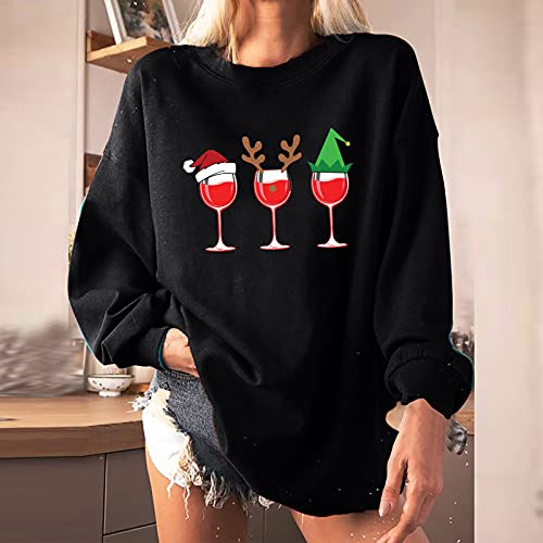 Christmas women's gifts,Pullover O-Neck Winter Fleece Tops Festival Printed Long Sleeve Blouse Ladies Oversized Sweatshirts Black