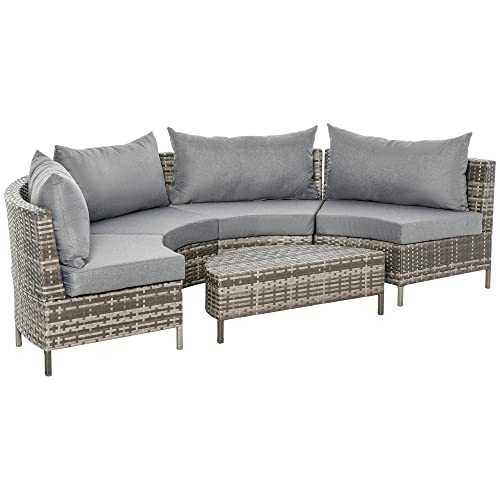 Outsunny 5PC Outdoor Patio Furniture Set Garden Sectional Rattan Wicker Sofa Set Cushioned Half-Moon Seat Deck w/Pillow, Gray