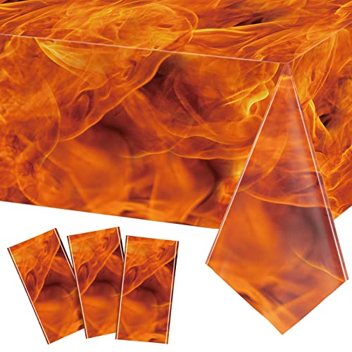 Tiamon 3 Packs Fire Tablecloths Flame Plastic Table Covers Fire Flame Rectangle Disposable Tablecloths Decorations for Picnic Home Outdoor Indoor Birthday Party Supplies