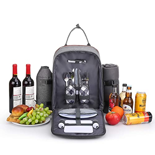 ALLCAMP OUTDOOR GEAR Picnic Backpack for 2 Person W/ Detachable Bottle/Wine Holder, Fleece Blanket, Plates and Cutlery Set (Grey)