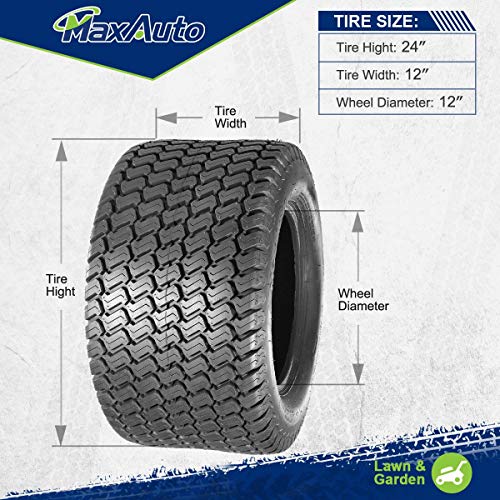 MaxAuto 24x12.00-12 Turf Lawn Mower Golf Cart Tractor Tires 4Ply P332 Tubeless, Set of 2