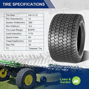 MaxAuto 24x12.00-12 Turf Lawn Mower Golf Cart Tractor Tires 4Ply P332 Tubeless, Set of 2