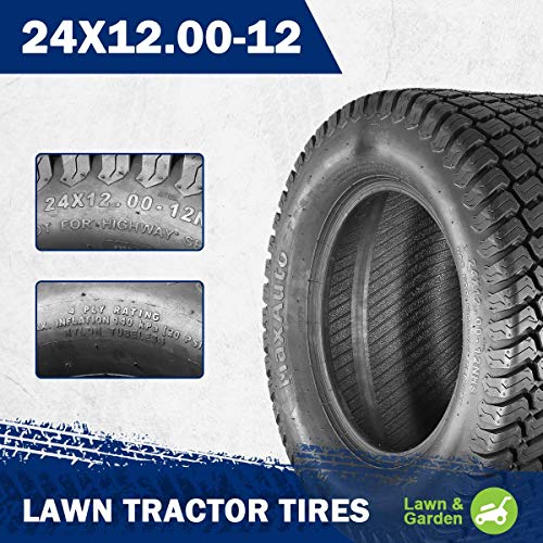 MaxAuto 24x12.00-12 Turf Lawn Mower Golf Cart Tractor Tires 4Ply P332 Tubeless, Set of 2