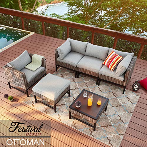 Festival Depot Patio Ottoman Square Wicker Footstool with Cushion for Foot Rest in Metal Frame All Weather Outdoor Furniture for Garden Yard Lawn