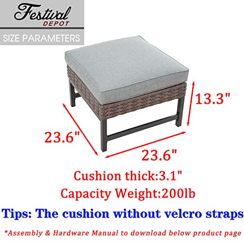 Festival Depot Patio Ottoman Square Wicker Footstool with Cushion for Foot Rest in Metal Frame All Weather Outdoor Furniture for Garden Yard Lawn