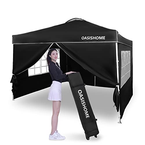 OASISHOME Pop-up Gazebo Instant Portable Canopy Tent 10'x10', with 4 Sidewalls, Windows, Wheeled Bag, for Patio/Outdoor/Wedding Parties and Events (10FTx10FT, Black)