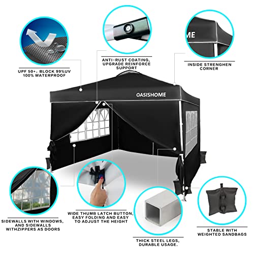 OASISHOME Pop-up Gazebo Instant Portable Canopy Tent 10'x10', with 4 Sidewalls, Windows, Wheeled Bag, for Patio/Outdoor/Wedding Parties and Events (10FTx10FT, Black)