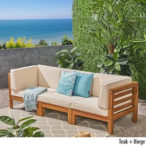 Great Deal Furniture Dawson Outdoor Sectional Sofa Set - 3-Seater - Acacia Wood - Outdoor Cushions - Teak and Beige