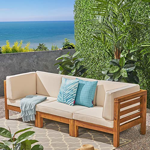 Great Deal Furniture Dawson Outdoor Sectional Sofa Set - 3-Seater - Acacia Wood - Outdoor Cushions - Teak and Beige