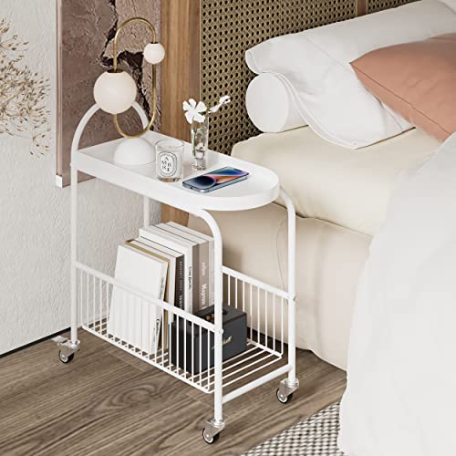 AEPOALUA Bar Cart, Mini Bar Cartwith Magazine Holder, Modern Two Tier Silver Bar Cart for Bedroom,Bathroom, Kitchen,Indoor, Patio White