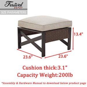 Festival Depot Patio Ottoman Footstool Outdoor Furniture with Wicker Rattan, X Shape Slatted Steel Frame Foot Rest with Premium Fabric Soft Cushion Square for Garden Yard Lawn All-Weather