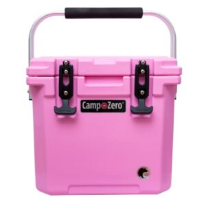 camp-zero 12 | 12.6 qt. cooler with 2 molded-in cup holders & folding aluminum handle | thick walled, freezer grade cooler with secure locking system & tie down channels (pink)