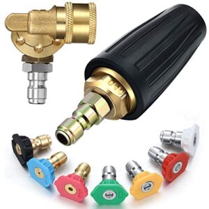 4000 psi pressure rotating turbo nozzle 4.0 gpm quick connector with 4500 psi pivoting coupler with 7 pieces spray nozzle tips kit multiple degrees (0, 15, 25, 40, 65 degrees, rinse1, soap2)