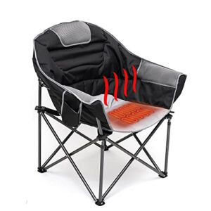 sunnyfeel oversized heated camping chair, padded camp chair round moon saucer folding lawn chair outdoor club chair heavy duty 500 lbs with cup holder, armrest for lounge patio